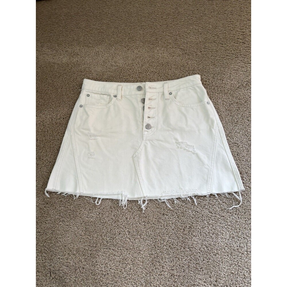 Free People Destroyed Denim Mini Skirt Button Fly Worn White Womens 29 Raw Hem